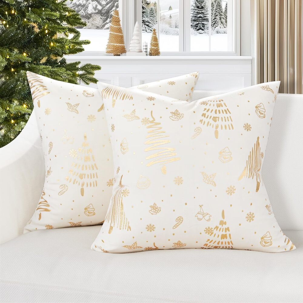6249 Christmas Pillowcases 16x16 Inches Set of 2, Xmas Tree Gold Brozing